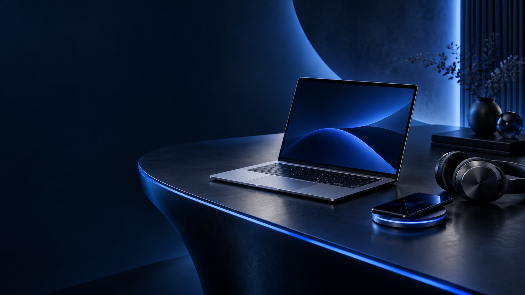 An illustrated concept workspace with a laptop, phone and headphones in blue light
